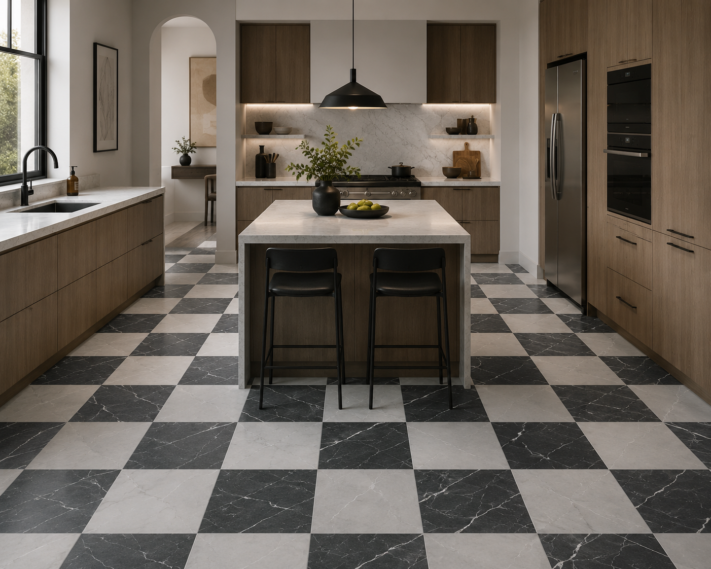 Bellagio Nero Marquina and Pietra Grey checkerboard kitchen floor