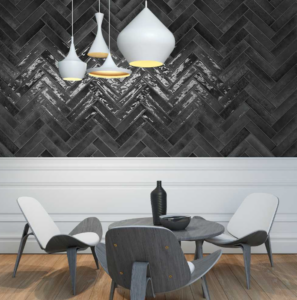 black herringbone tile design and pattern used on wall from Cancos Tile and Stone located in New York and New Jersey