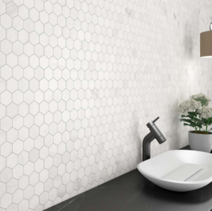 White hexagon tile patterns for bathroom backsplash Cancos tile and stone