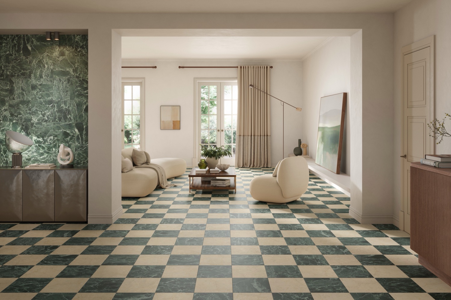 Bellagio Botticino and Verde Alpi checkerboard living room Bellagio Botticino and Verde Alpi checkerboard living room