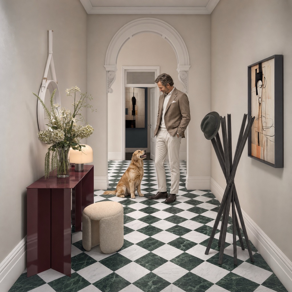 Cancos porcelain tile, Bellagio Calacatta Gold and Verde Alpi