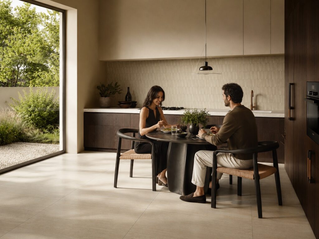 Salerno Beige Italian porcelain tile in a warm, inviting kitchen