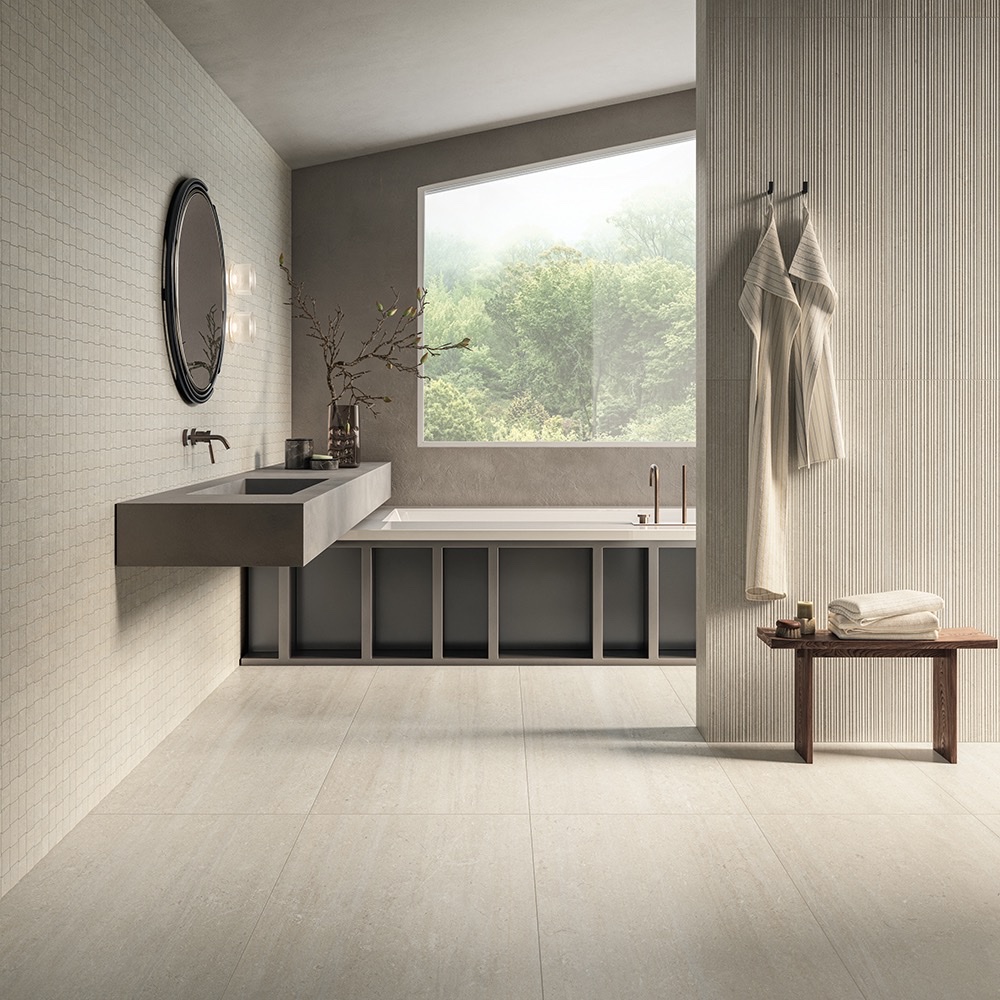 Salerno Bianco porcelain tile creating a spa-like bathroom retreat