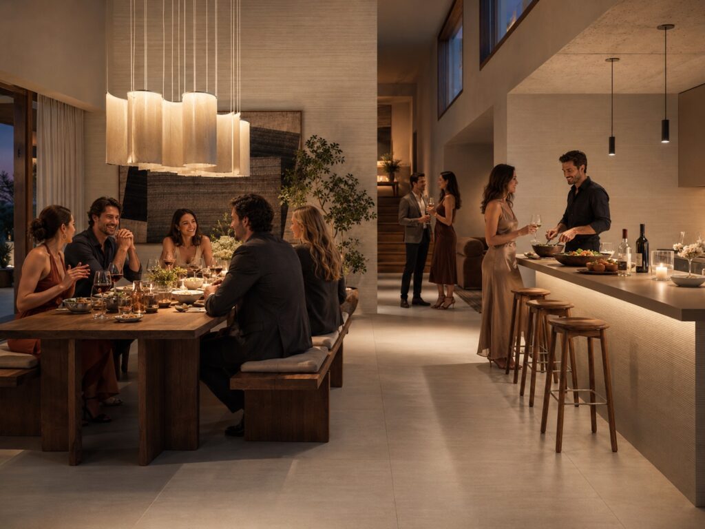 Salerno Bianco Italian porcelain tile flooring in a bright dining room