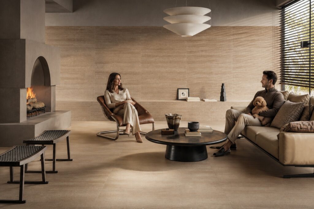Salerno Visone porcelain tile adding earthy depth to a modern living room