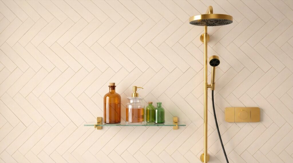 HAVANA cream herringbone ceramic tile shower wall with brass fixtures