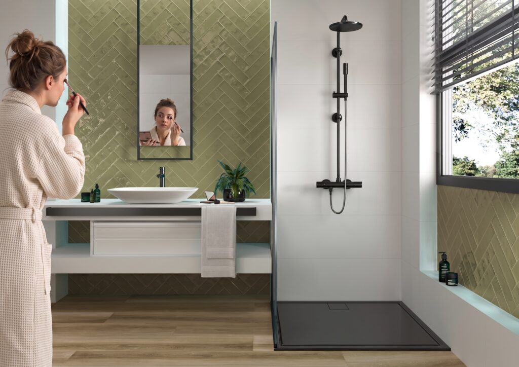 HAVANA olive green ceramic tile bathroom with vanity and walk-in shower