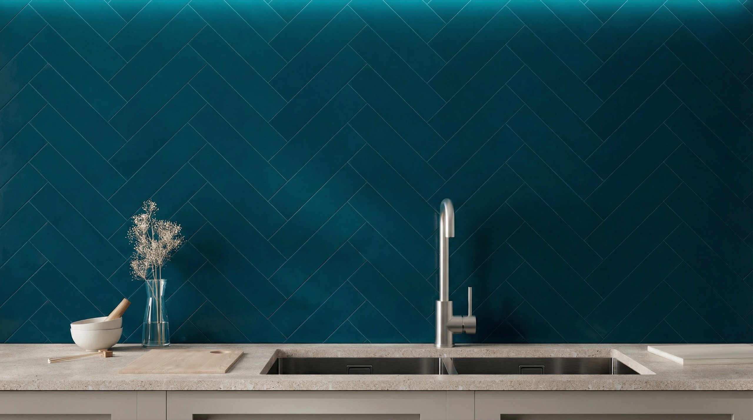 HAVANA teal herringbone ceramic tile kitchen backsplash with stone countertop
