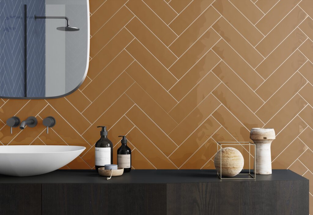 HAVANA terracotta herringbone ceramic tile bathroom vanity wall