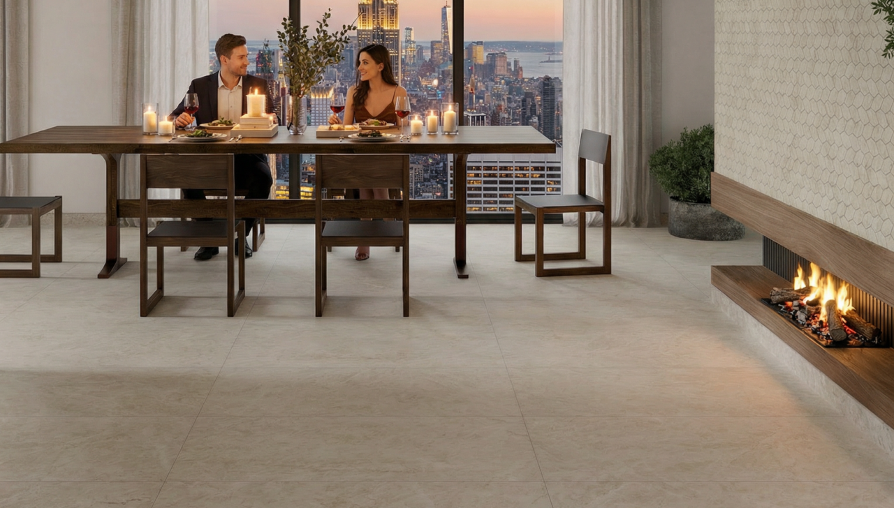 REGAL Taj Mahal porcelain tile in a city living and dining room